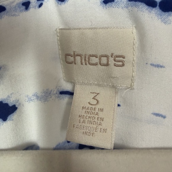 Chico's Button Up Top Blue Tie-Dye Crochet Tassel Neck Tie Sheer Boho Artsy XL - Picture 12 of 15